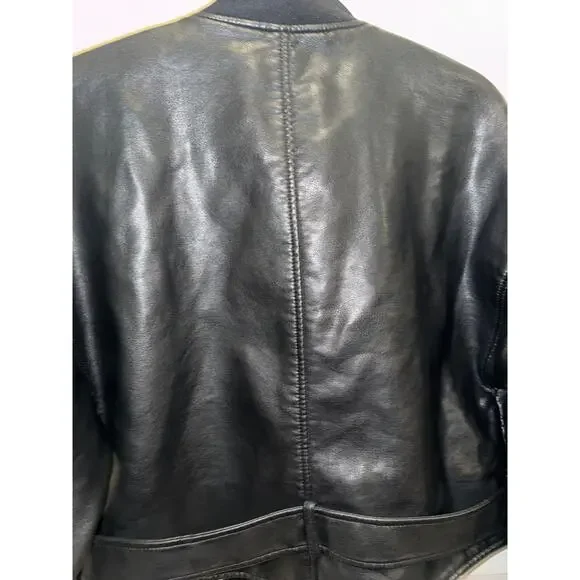Zara Faux Leather Cropped Bomber Jacket Women Black Belted Moto Style - Picture 8 of 17